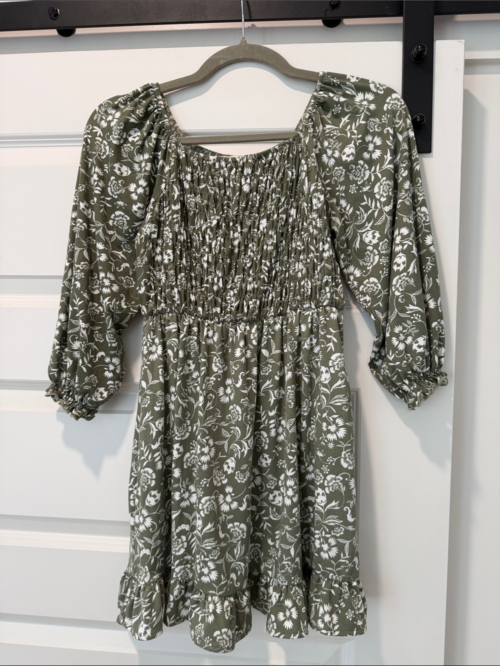 Olive Green Floral Smocked Kids' Dress